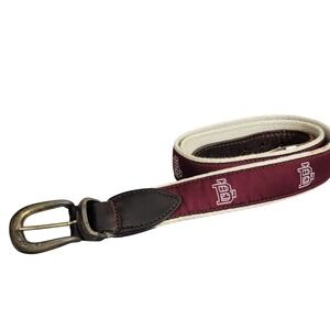 YRI Designs Mens Ribbon Belt BL initials Burgundy Leather Canvas Brass Buckle 36